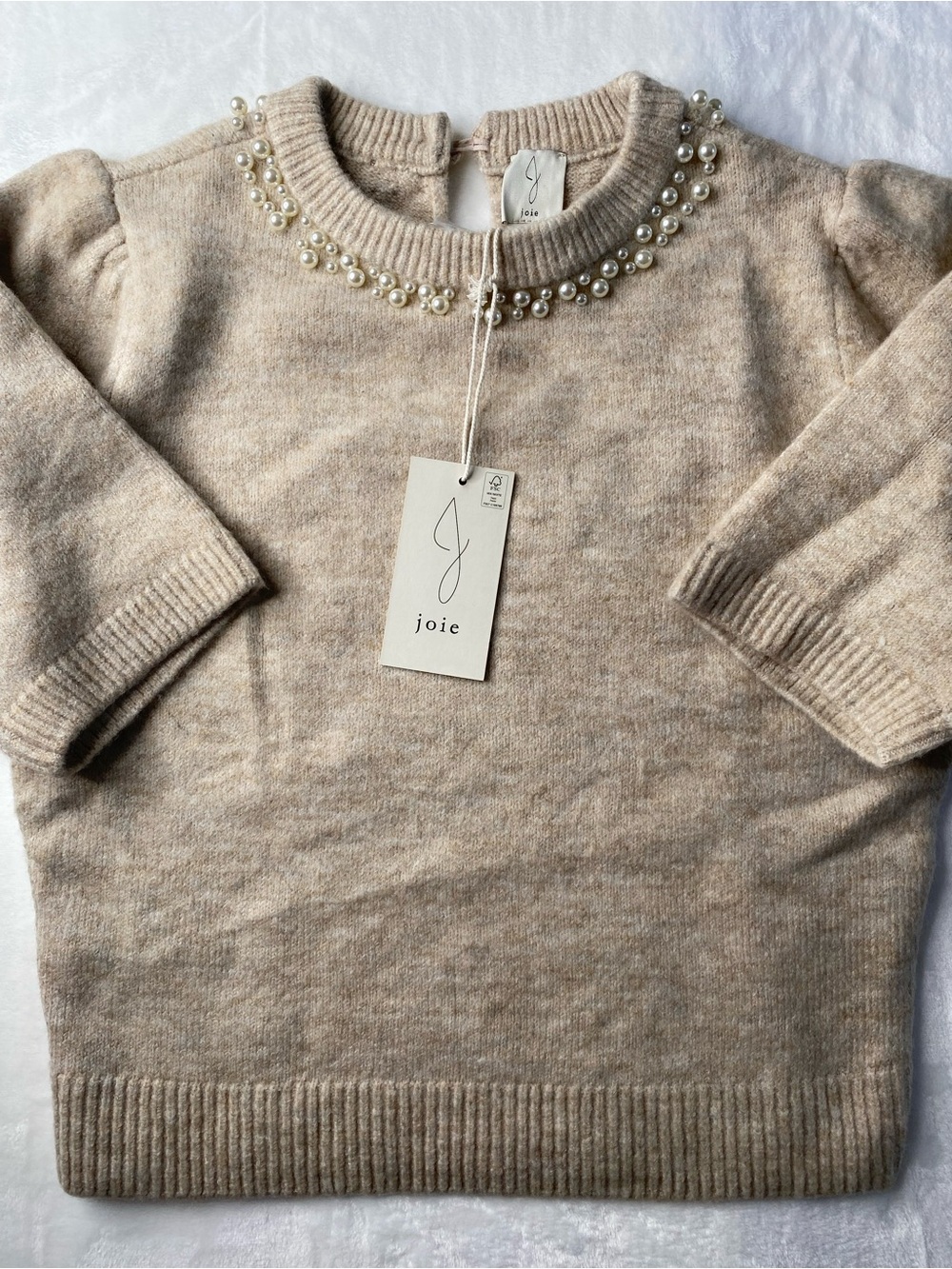 Joie Women’s Pearl-Trimmed Cream Crewneck Sweater Size S
